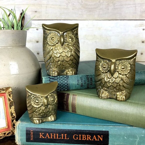 Vintage Other - Vintage Leonard Brass Owl Family Trio MidMod Decor